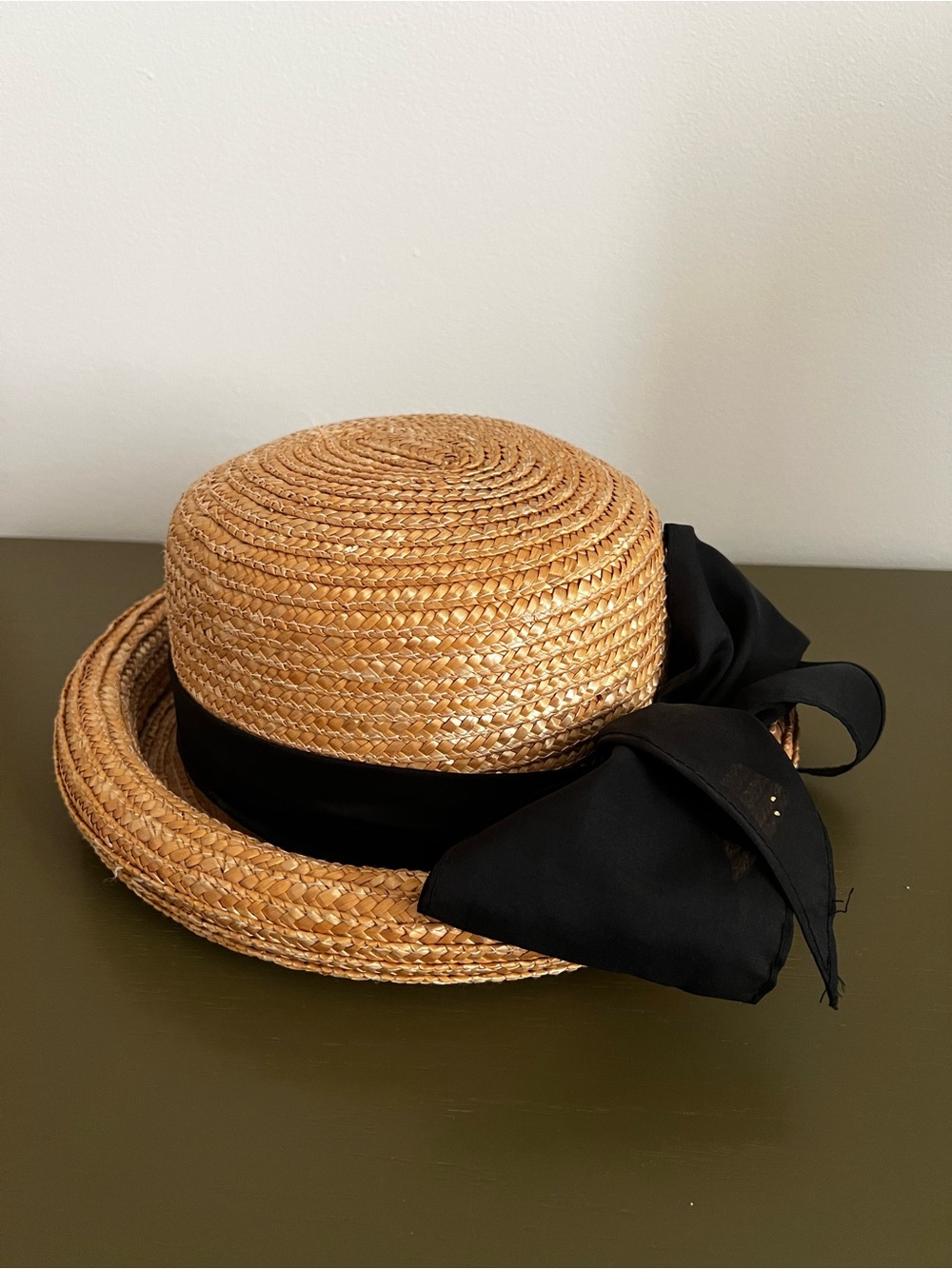 Vintage Straw Boater Hat with Black Ribbon